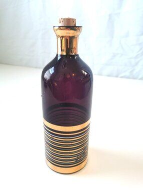 1960s Czechoslovakian Amethyst Glass Decanter Gold White Stripes Bohemian Art Gl
